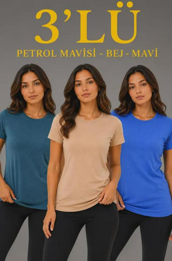 ’lü Kısa Kollu Bisiklet Yaka Basic Slim Fit T-Shirt -Petrol Mavisi 