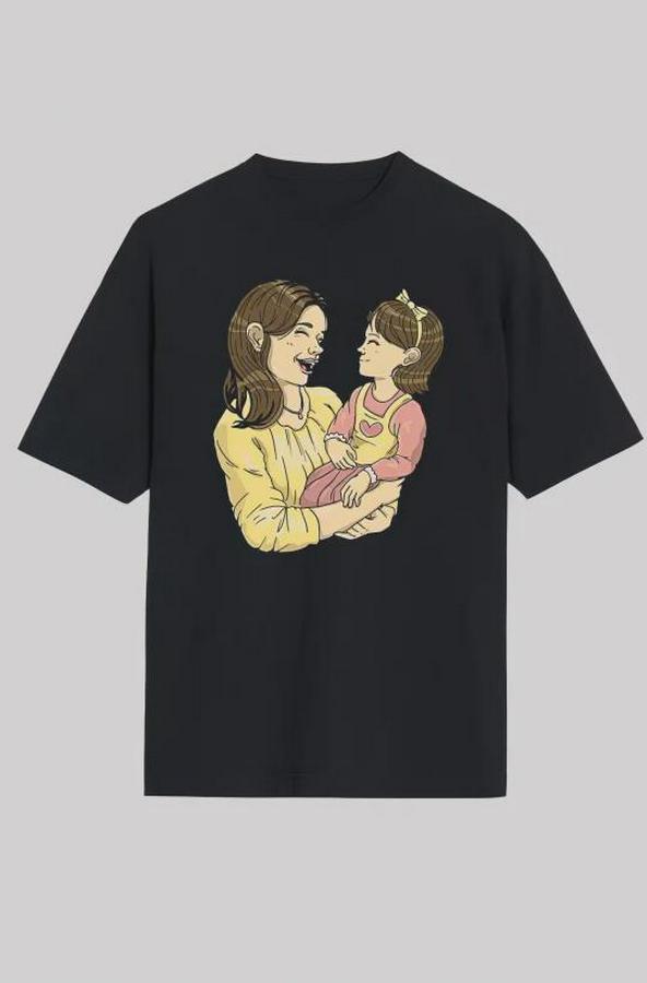 Anneler Günü Hediye Anne Kız Temalı Baskılı Oversize Bisiklet Yaka T-Shirt