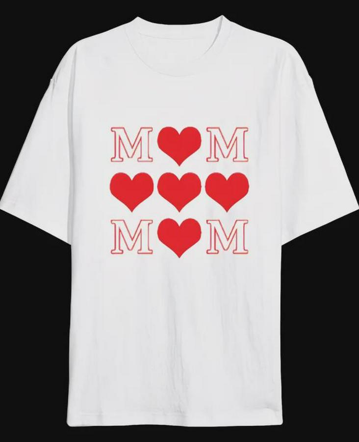 Anneler Günü Hediye Mom Kalp Baskılı Oversize Bisiklet Yaka T-Shirt