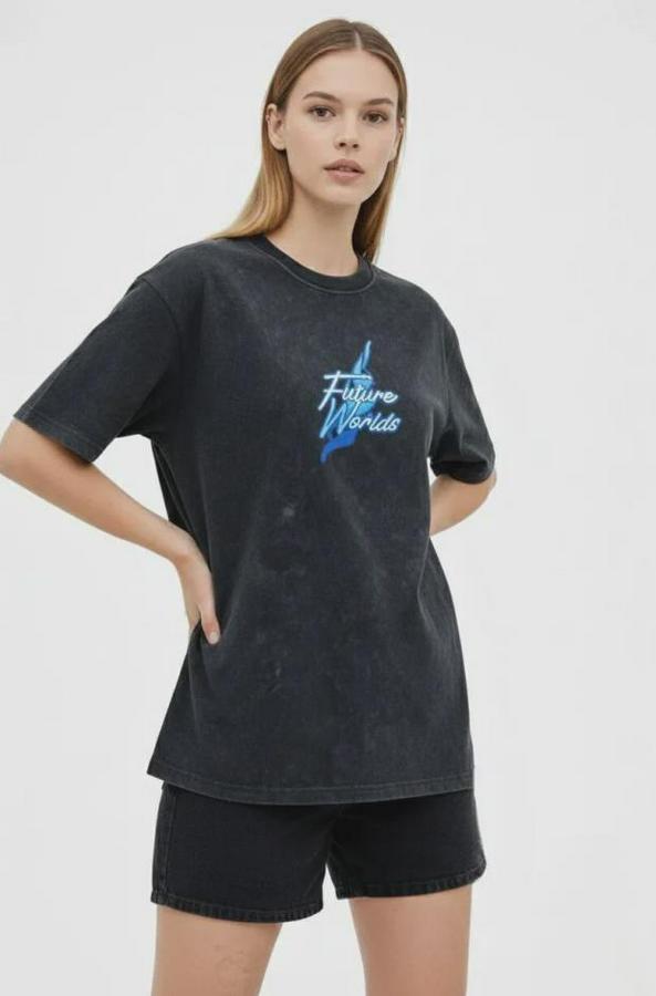 Asit Yıkamalı Oversize Tişört Future Worlds Baskılı Bisiklet Yaka Kısa Kollu Streetwear %100 Pamuk Street Style T-Shirt