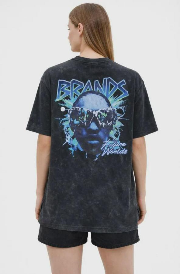 Asit Yıkamalı Oversize Tişört Future Worlds Baskılı Bisiklet Yaka Kısa Kollu Streetwear %100 Pamuk Street Style T-Shirt