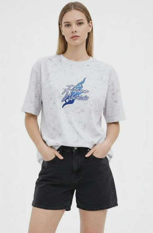 Asit Yıkamalı Oversize Tişört Future Worlds Baskılı Bisiklet Yaka Kısa Kollu Streetwear %100 Pamuk Street Style T-Shirt