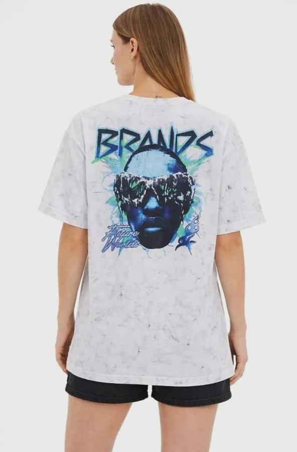 Asit Yıkamalı Oversize Tişört Future Worlds Baskılı Bisiklet Yaka Kısa Kollu Streetwear %100 Pamuk Street Style T-Shirt