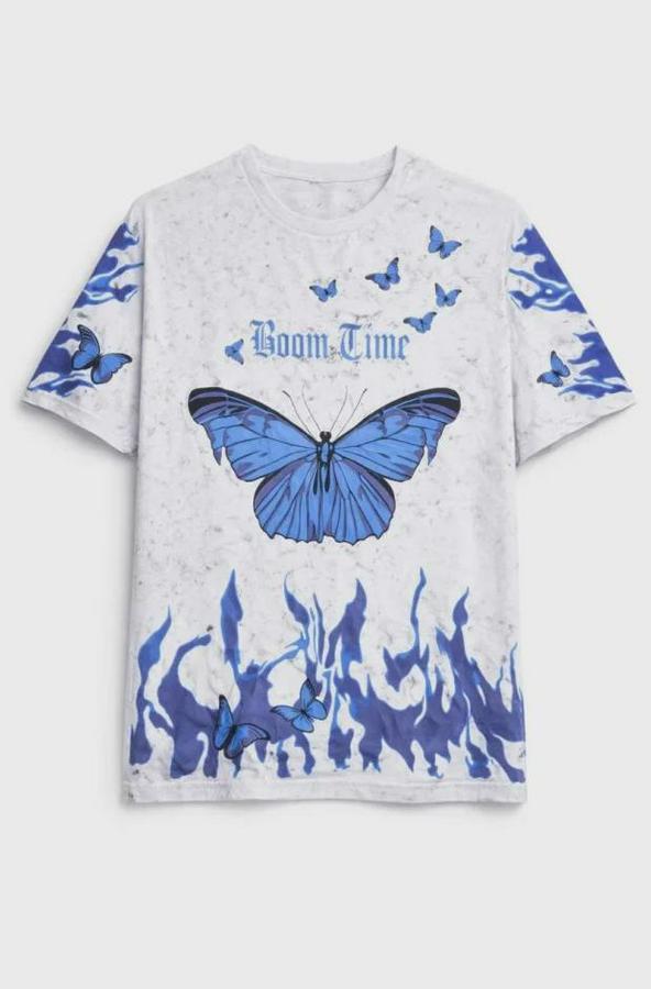 Asit Yıkamalı Oversize Tişört Mavi Kelebek Baskılı Dijital Print Bisiklet Yaka Streetwear T-Shirt