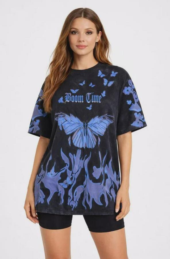 Asit Yıkamalı Oversize Tişört Mavi Kelebek Baskılı Dijital Print Bisiklet Yaka Streetwear T-Shirt