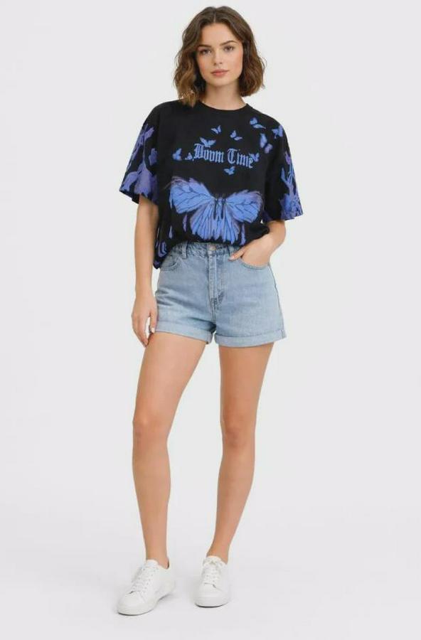 Asit Yıkamalı Oversize Tişört Mavi Kelebek Baskılı Dijital Print Bisiklet Yaka Streetwear T-Shirt