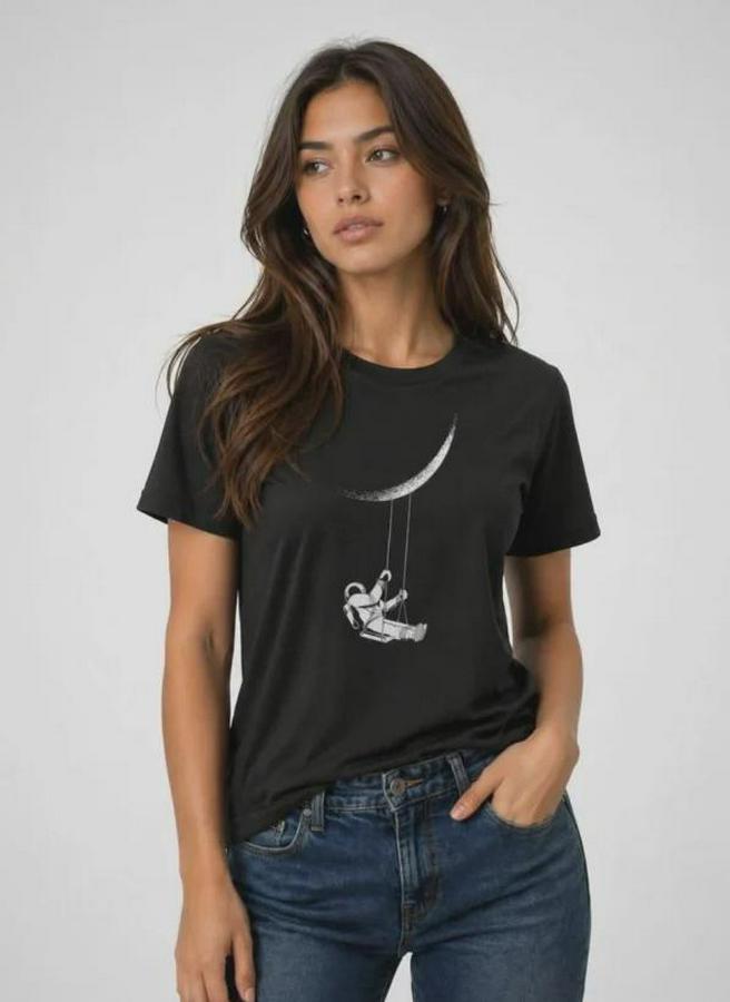 Astronot Ay Temalı Tişört Kısa Kol Yazlık Bisiklet Yaka T-Shirt