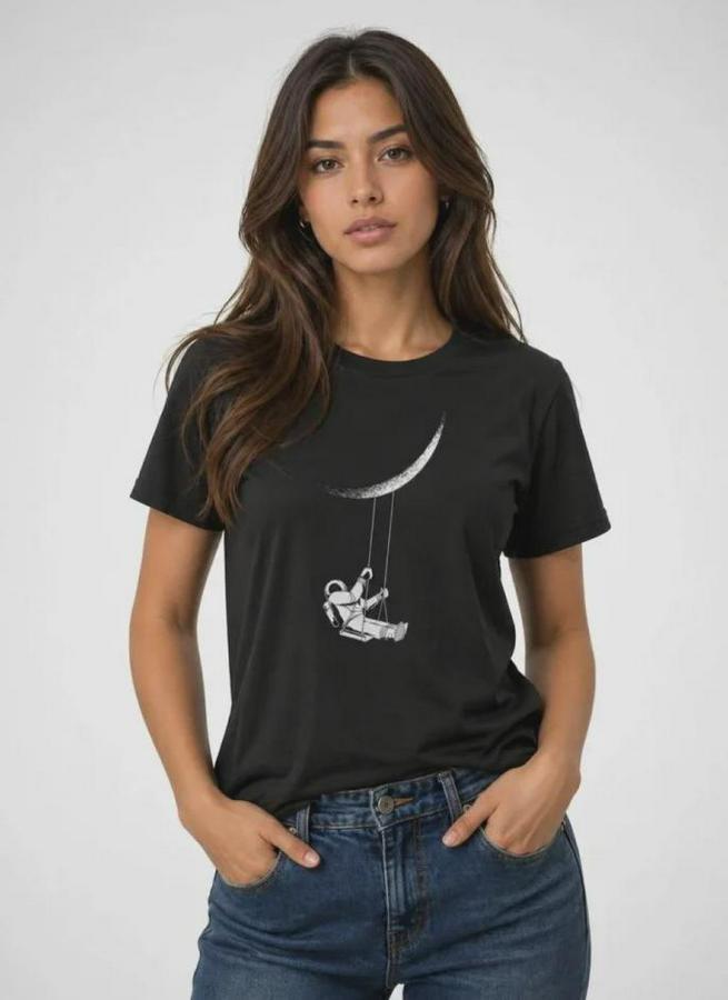 Astronot Ay Temalı Tişört Kısa Kol Yazlık Bisiklet Yaka T-Shirt