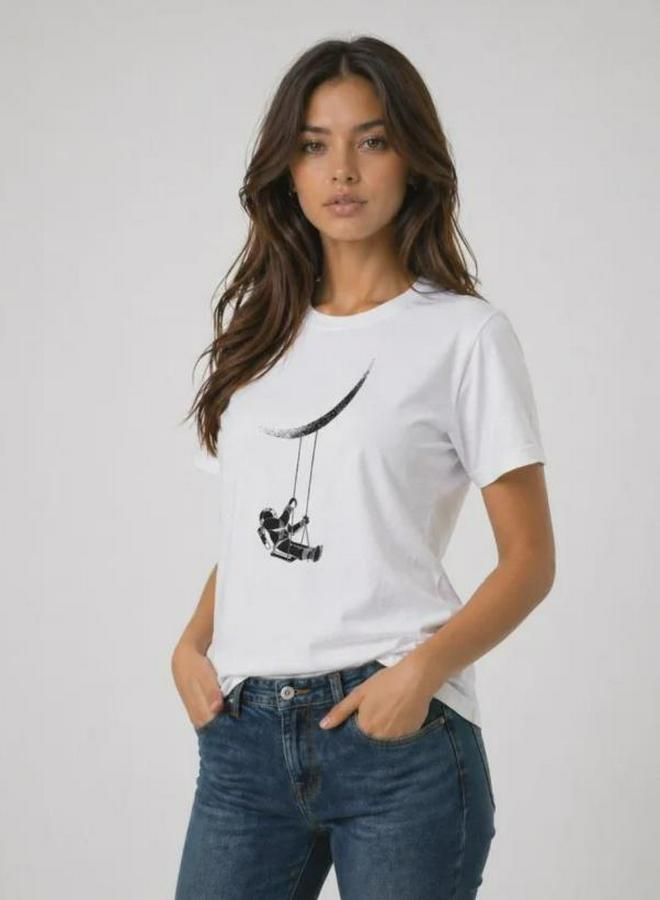 Astronot Ay Temalı Tişört Kısa Kol Yazlık Bisiklet Yaka T-Shirt