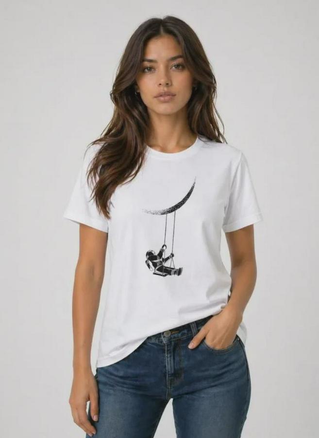 Astronot Ay Temalı Tişört Kısa Kol Yazlık Bisiklet Yaka T-Shirt