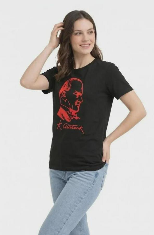 Atatürk Baskılı Tişört Kısa Kollu Bisiklet Yaka  T-Shirt