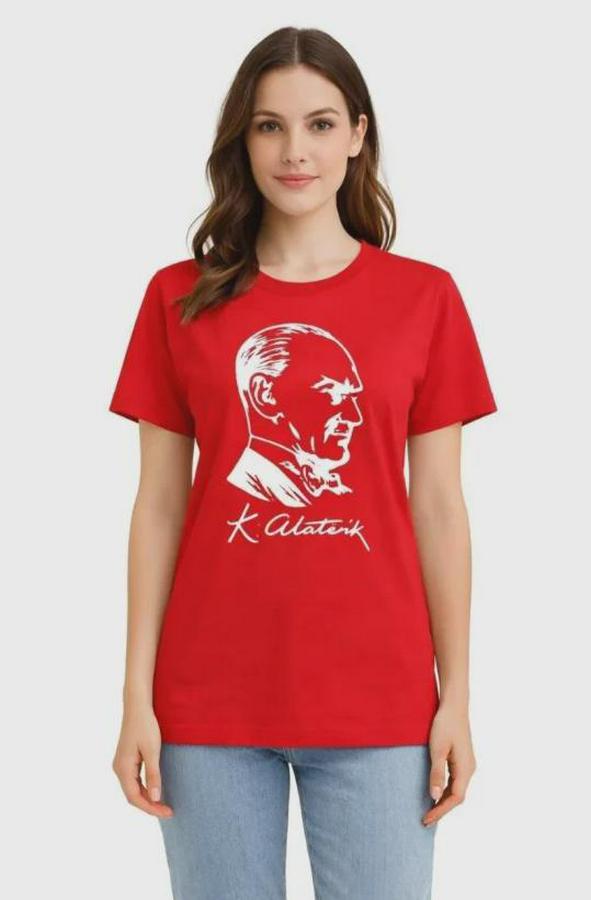 Atatürk Baskılı Tişört Kısa Kollu Bisiklet Yaka  T-Shirt