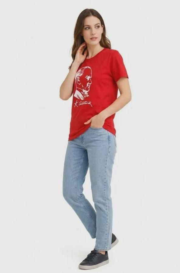 Atatürk Baskılı Tişört Kısa Kollu Bisiklet Yaka  T-Shirt