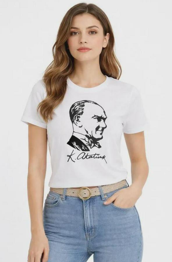 Atatürk Baskılı Tişört Kısa Kollu Bisiklet Yaka T-Shirt