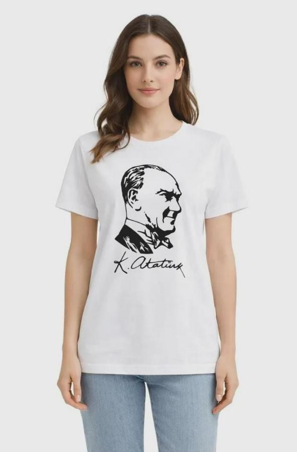Atatürk Baskılı Tişört Kısa Kollu Bisiklet Yaka T-Shirt