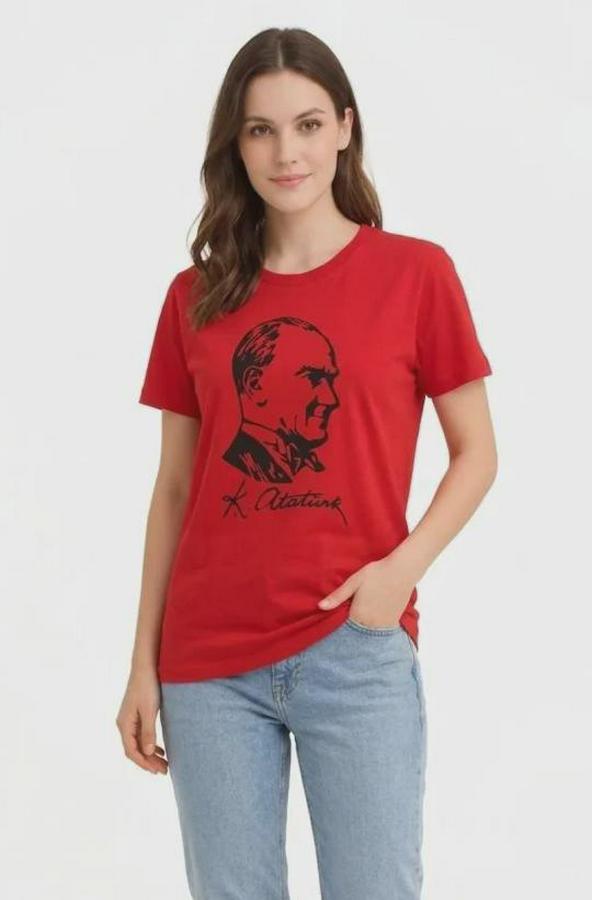 Atatürk Baskılı Tişört Kısa Kollu Bisiklet Yaka  T-Shirt