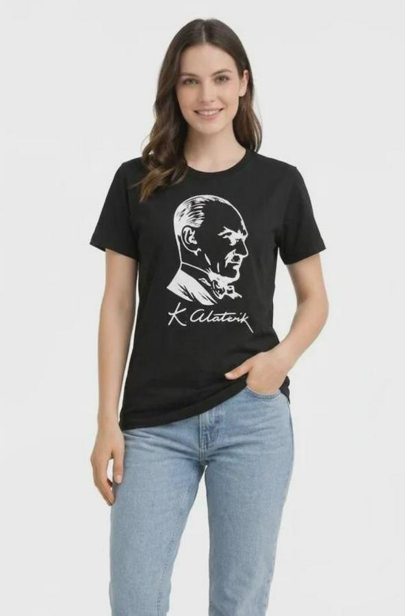 Atatürk Baskılı Tişört Kısa Kollu Bisiklet Yaka T-Shirt