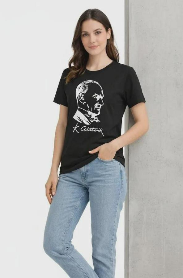 Atatürk Baskılı Tişört Kısa Kollu Bisiklet Yaka T-Shirt