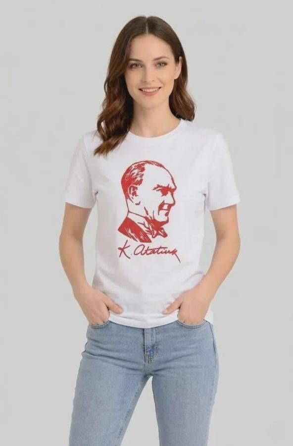 Atatürk Baskılı Tişört Kısa Kollu Bisiklet Yaka T-Shirt
