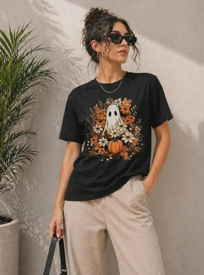 Balkabağı Hayalet Baskılı Tişört Kısa Kol Yazlık T-Shirt