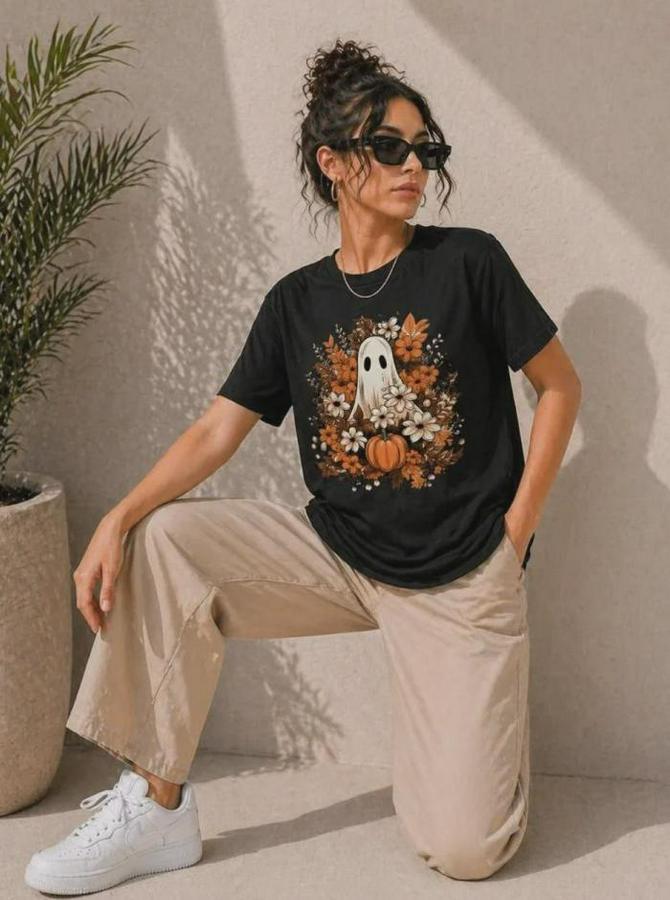 Balkabağı Hayalet Baskılı Tişört Kısa Kol Yazlık T-Shirt
