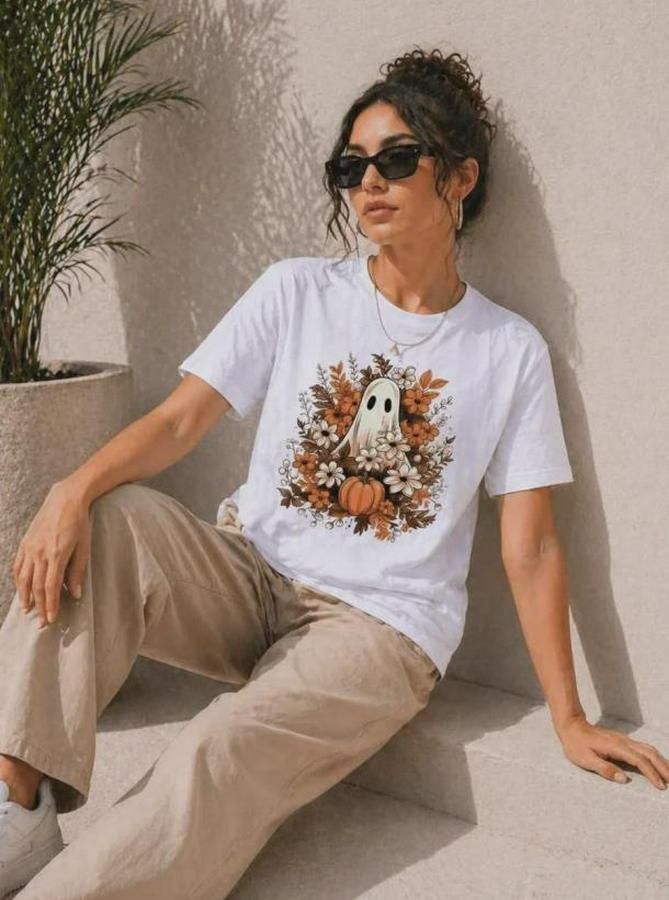Balkabağı Hayalet Baskılı Tişört Kısa Kol Yazlık T-Shirt