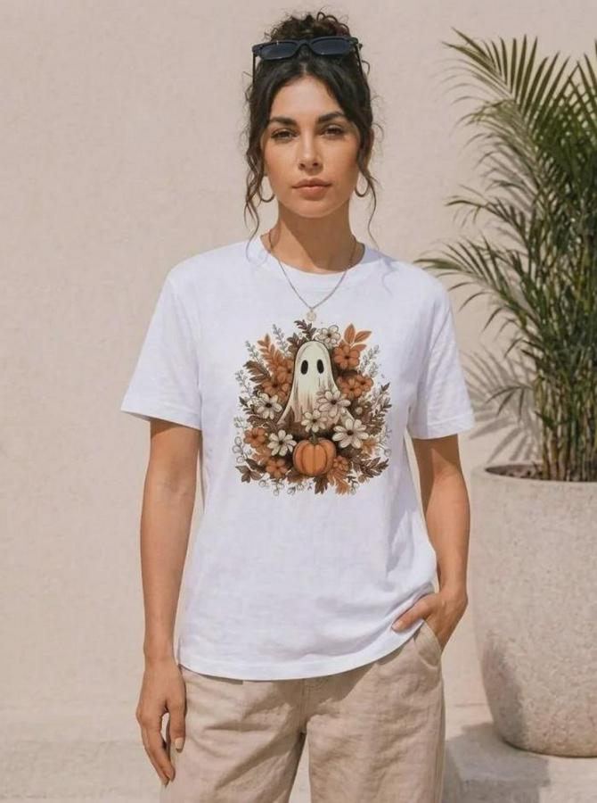 Balkabağı Hayalet Baskılı Tişört Kısa Kol Yazlık T-Shirt