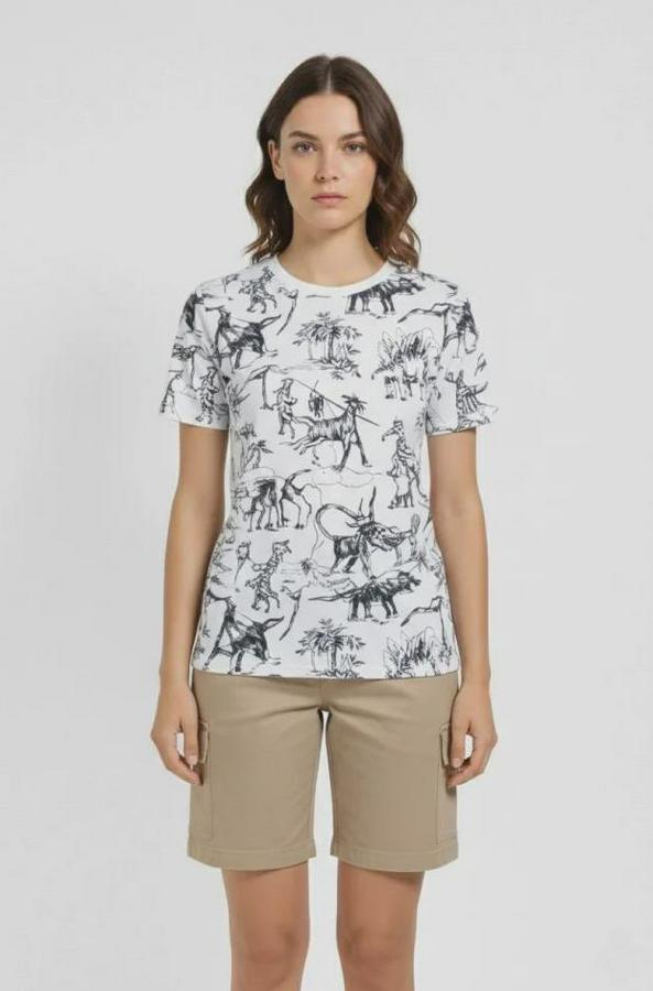 Beyaz Dinozor Desenli Tişört – Regular Kalıp, Bisiklet Yaka, Dijital Baskılı Pamuklu T-Shirt