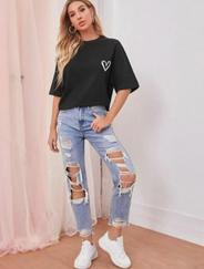 Bisiklet Yaka Baskılı Oversize T-Shirt