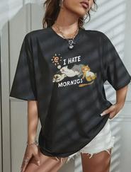 Bisiklet Yaka Baskılı Oversize T-Shirt