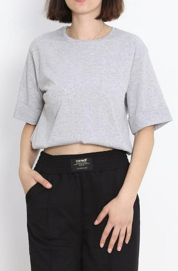 Büyük Beden Duble Kol Tişört Gri  