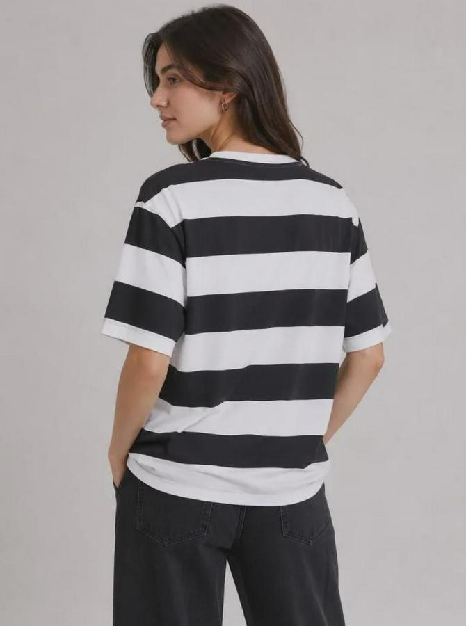 Çizgili Oversize Tişört Bisiklet Yaka Kısa Kol Yazlık T-Shirt
