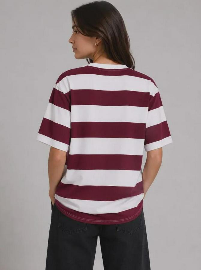 Çizgili Oversize Tişört Bisiklet Yaka Kısa Kol Yazlık T-Shirt