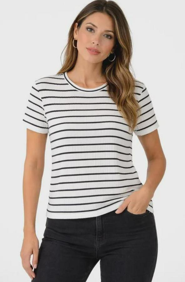 Çizgili Yazlık Triko T-Shirt Bisiklet Yaka Rahat Kalıp Tişört