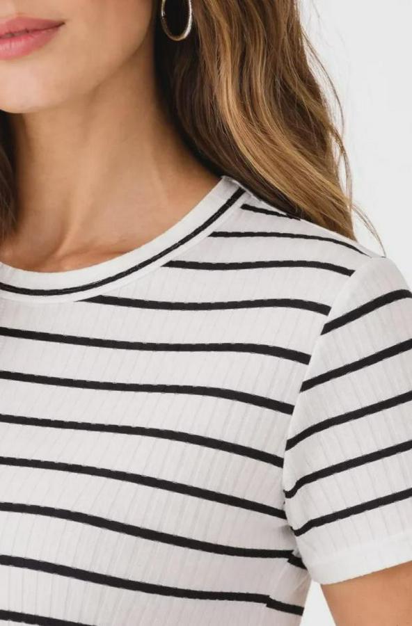 Çizgili Yazlık Triko T-Shirt Bisiklet Yaka Rahat Kalıp Tişört