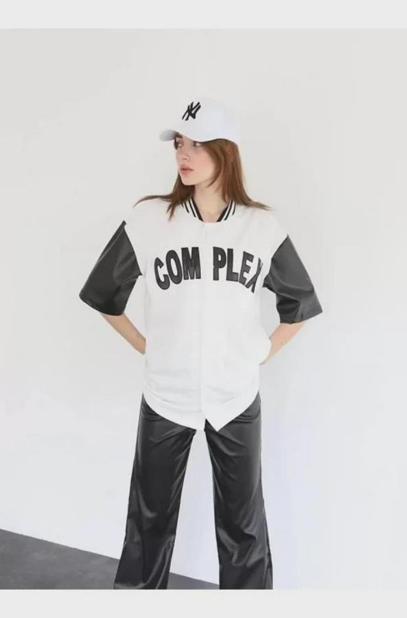 Complex Kolları Deri Kolej Oversize T-Shirt