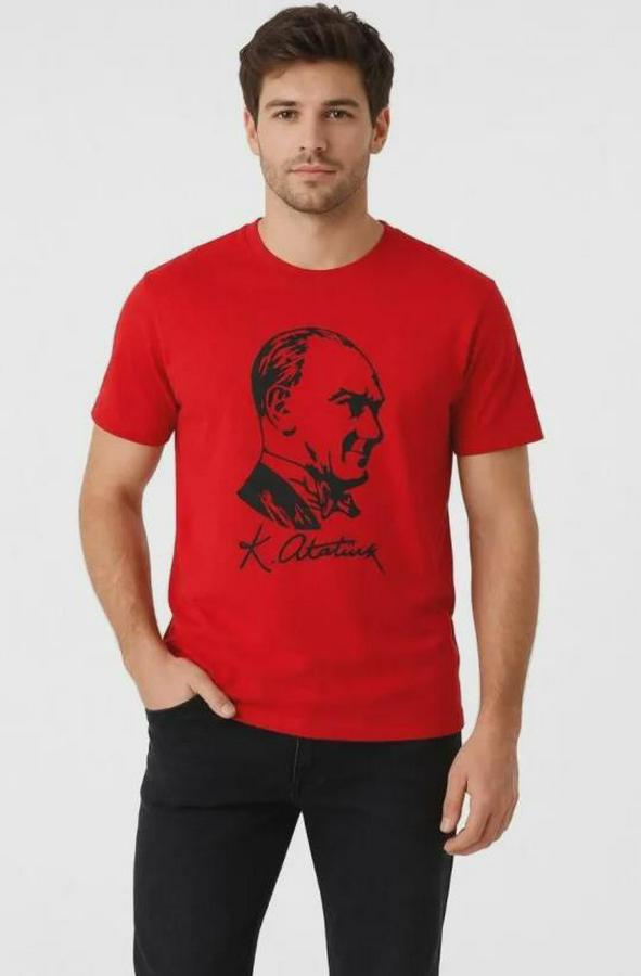 Atatürk Baskılı Tişört Kısa Kollu Bisiklet Yaka T-Shirt