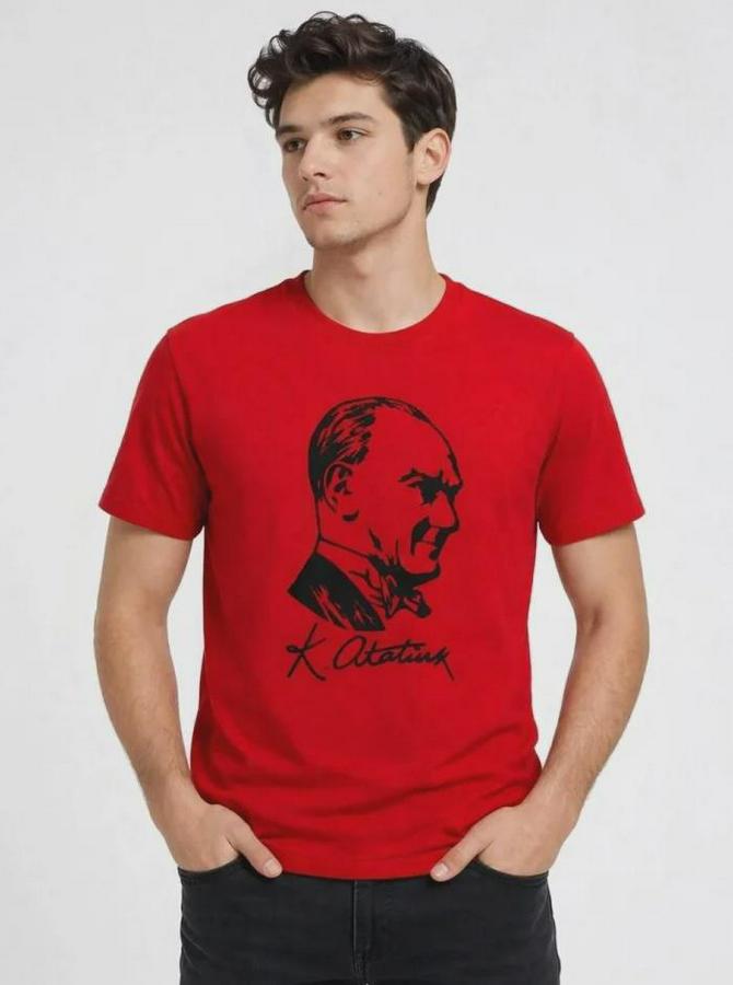 Atatürk Baskılı Tişört Kısa Kollu Bisiklet Yaka T-Shirt