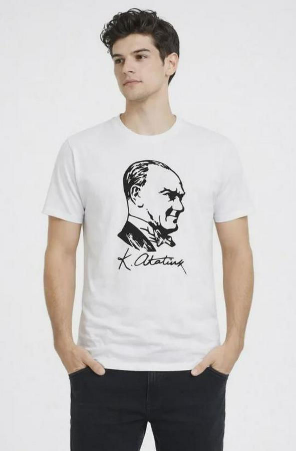 Atatürk Baskılı Tişört Kısa Kollu Bisiklet Yaka T-Shirt