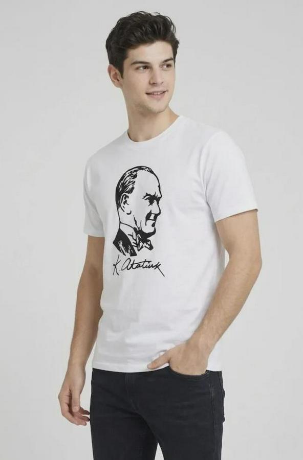 Atatürk Baskılı Tişört Kısa Kollu Bisiklet Yaka T-Shirt