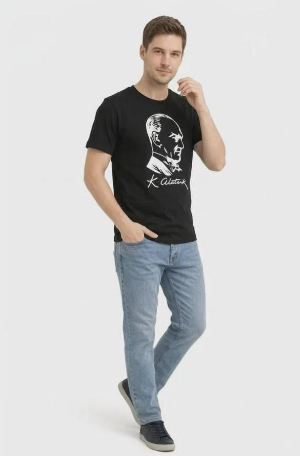 Atatürk Baskılı Tişört Kısa Kollu Bisiklet Yaka T-Shirt