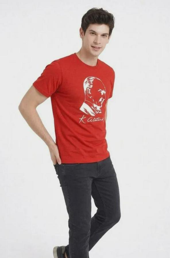 Atatürk Baskılı Tişört Kısa Kollu Bisiklet Yaka T-Shirt