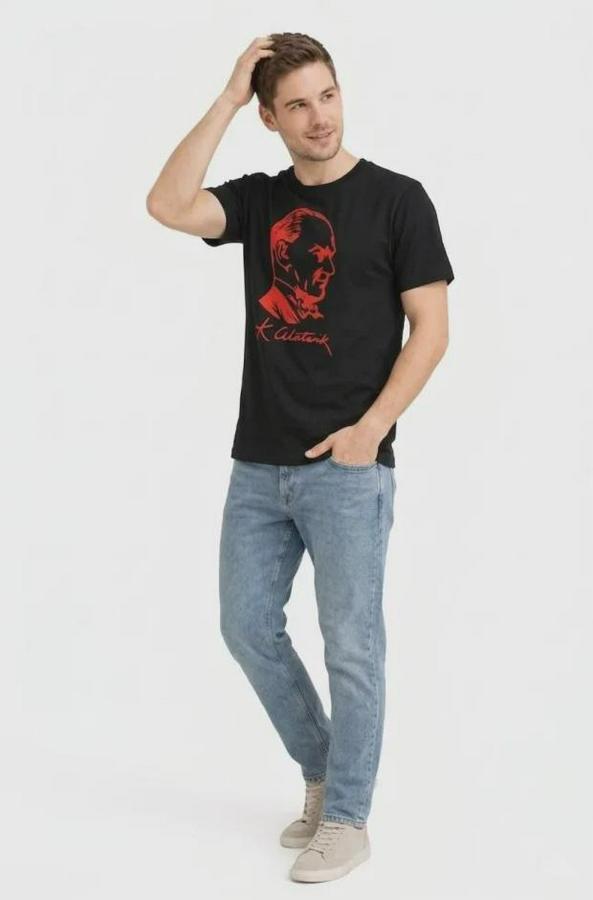 Atatürk Baskılı Tişört Kısa Kollu Bisiklet Yaka T-Shirt