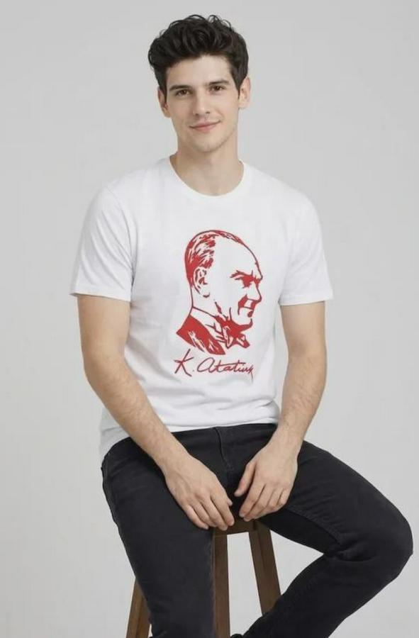 Atatürk Baskılı Tişört Kısa Kollu Bisiklet Yaka T-Shirt