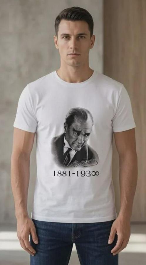 Atatürk Baskılı Tişört Kısa Kollu Bisiklet Yaka  T-Shirt
