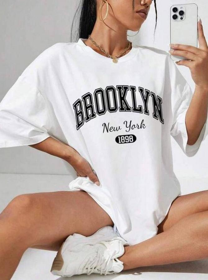 Brooklyn New York Baskılı Oversize Tshirt