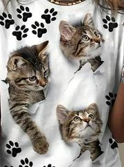 Kısa Kollu Kedi Ve Pati Baskılı Süprem T-Shirt