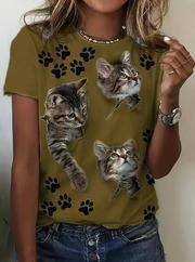 Kısa Kollu Kedi Ve Pati Baskılı Süprem T-Shirt