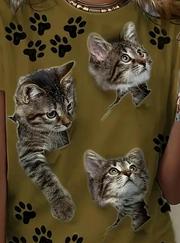 Kısa Kollu Kedi Ve Pati Baskılı Süprem T-Shirt