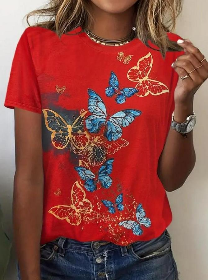 Kısa Kollu Mavi Sarı Kelebek Baskı Süprem Bluz